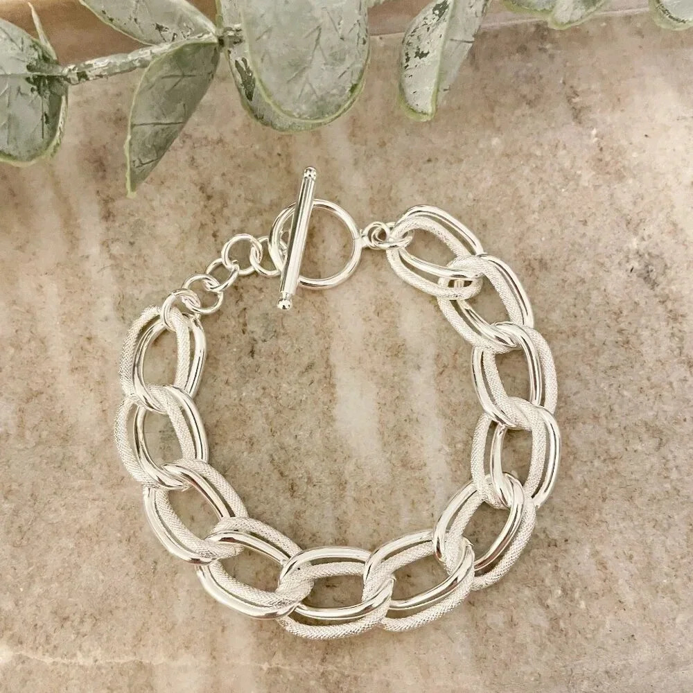 925 Sterling Silver Chunky Chain Link Toggle Bracelet Silver Statement Bracelet - Picture 2 of 8